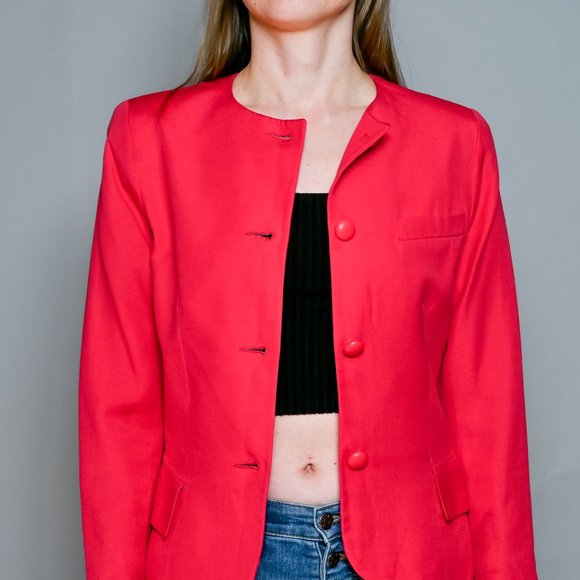 CHRISTIAN DIOR Vintage Bright Pink Collarless Blazer 4 - Picture 2 of 15